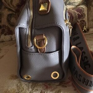 Genuine Leather Satchel in Medium Gray with Gold Accents